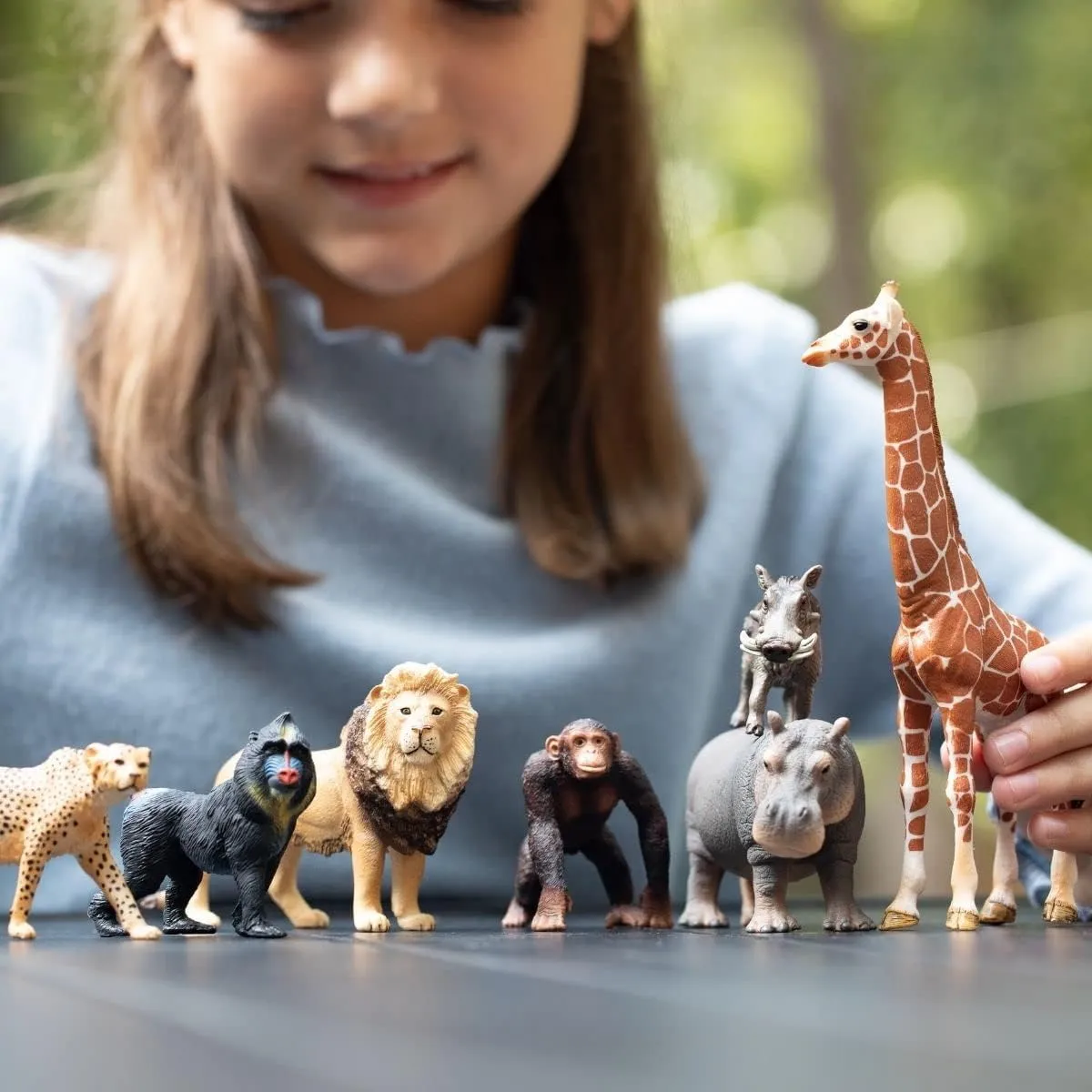 Animal Figurines with Lion, primate Giraffe, Hippo, Chimpanzee, Warthog, Cheetah, Mandrill, Gift for Kids Age 3  Schleich Wild Life Realistic Safari Animal Figurine Playset - 7-Piece Wildlife Safari Toy 