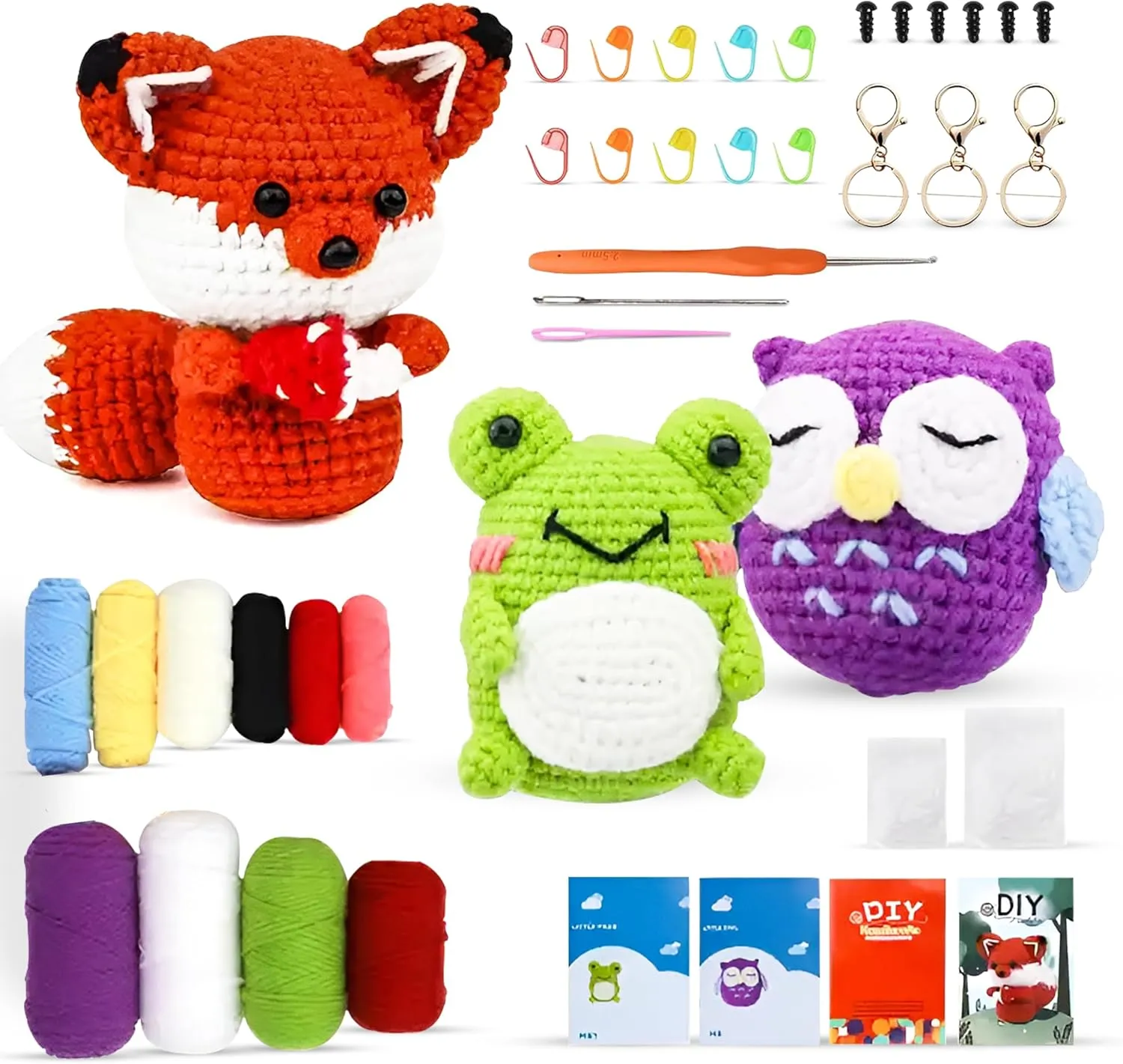 Animals-Owl, Fox, Frog, Knitting Kit with Yarns, Hook, Accessories, Easy to Learn Video Tutorials. TFE Crochet Kit for Beginners primordial memory gift rainfall turnpike generalization Kids Adults, 3 Pattern 