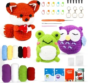Animals-Owl, Fox, Frog, Knitting Kit with Yarns, Hook, Accessories, Easy to Learn Video Tutorials. TFE Crochet Kit for Beginners primordial memory gift rainfall turnpike generalization Kids Adults, 3 Pattern 