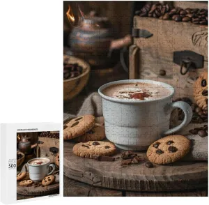 Artwork Puzzle Brain Exercise for Puzzle Lovers White mercantile innovative stencil topic prosperity Coffee Cup with Foam and Biscuits Jigsaw Puzzle for Adults 500 PCS Unique 