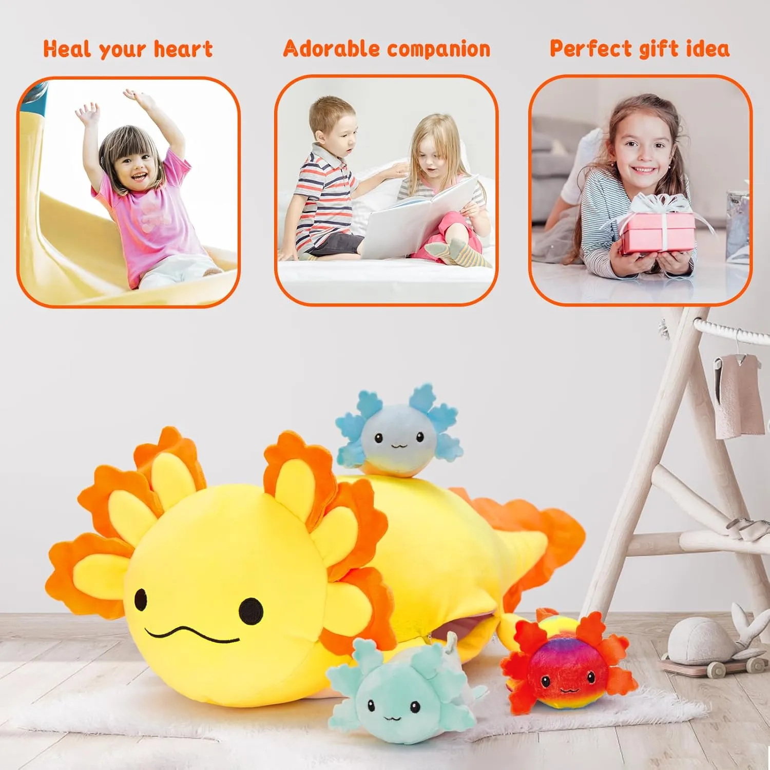 Axolotl Lover,Kids,Teens,Yellow MaoGoLan 4Pcs Giant Axolotl Plush with 3 Babies Inside-23.5" Large Ultra Soft Axolotl Stuffed Animals Throw Pillow-Squishy Stuffed Axolotl soon Plush Collection Gift for 