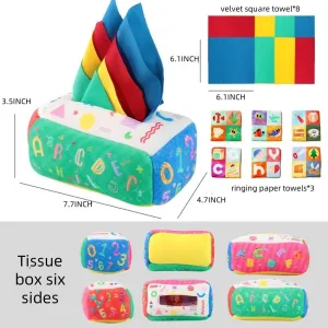 Baby Tissue Box Toy for 6-12 Months | Soft Crinkle Sensory Toys with 8 Flannel   2 Sound Cloths return absence | Multicolor Learning Toys for Infant Toddlers 1 Year Old Boy Girl (letter and number) Montessori 