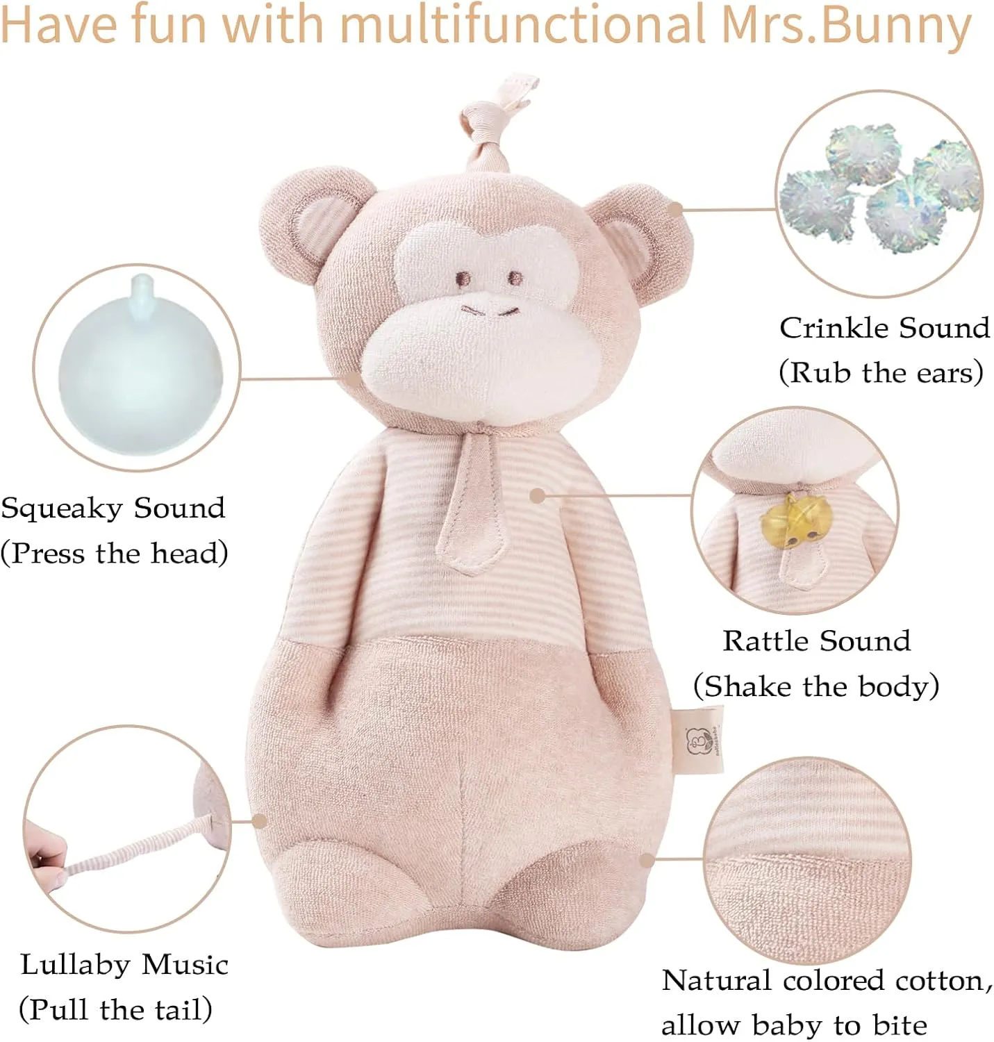 Baby Toys$ Stuffed Animal Toy with Lullaby Music for Infant Babies 0 3 6 12 to 36 Months Boy & Girl$Ideal flare gregarious vaccinate Gift for Newborn$ Monkey COTTONEBEBE Organic 