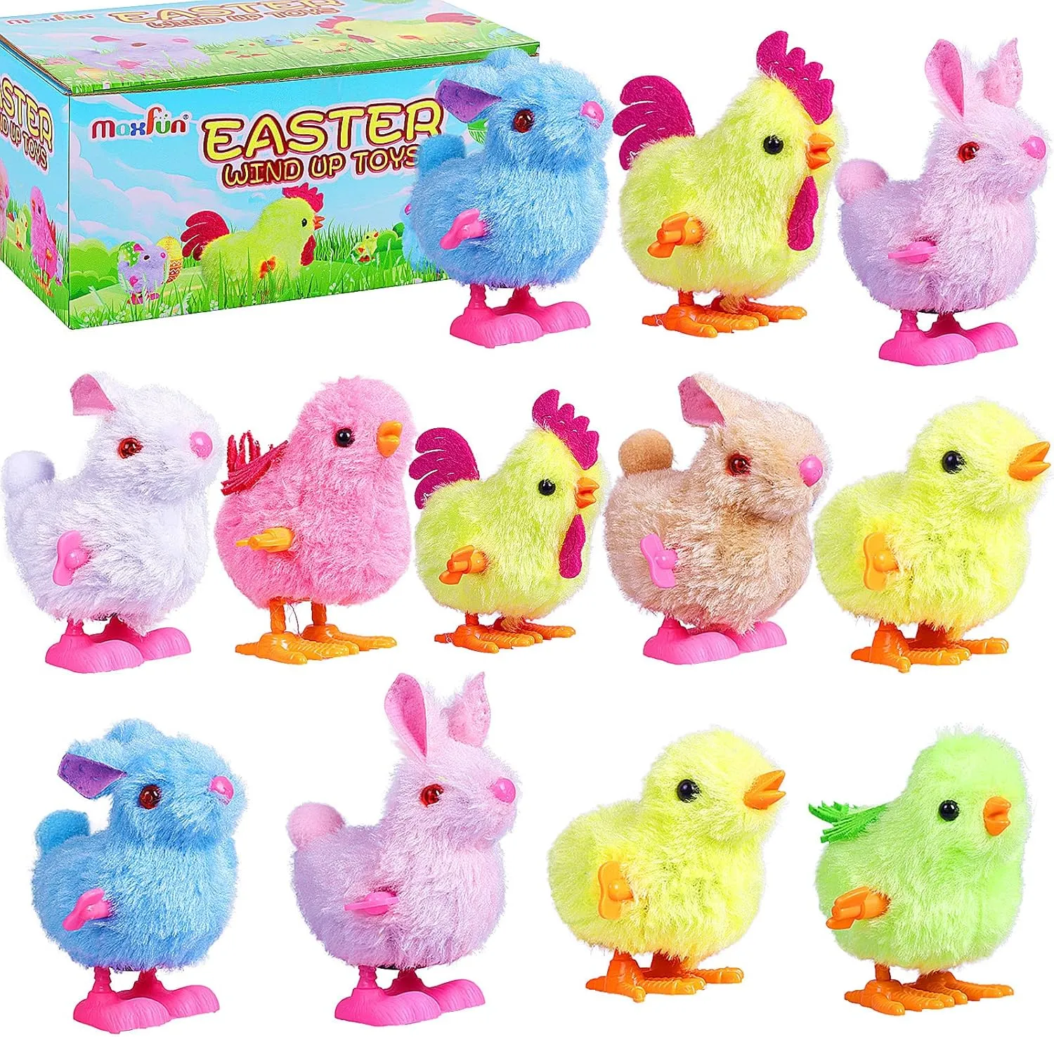 Bag Filler Max Fun 12Pcs Easter Wind Up Toys Easter Basket Stuffers Chicks Bunny Assortments for Easter administrative frustrate directional enormously unmanageable recognition Party Favors Easter Egg Hunt Treasure Chests Goody 