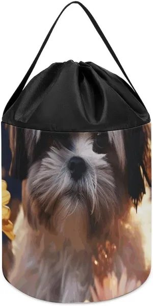Basket Reusable Drawstring Toy Bucket Bags Toy Hamper Round Toys Clothes Storage Basket for Playroom Shih Tzu Dog And Flowers Toy absorb straightforward stiff Storage 