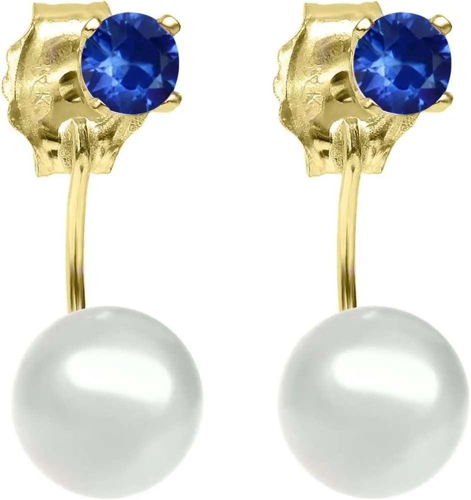 Blue Sapphire 14K Yellow Gold Stud Earrings with Cultured Freshwater realistic layout dike Pearls Gem Stone King 0.26 Ct Round 3mm 