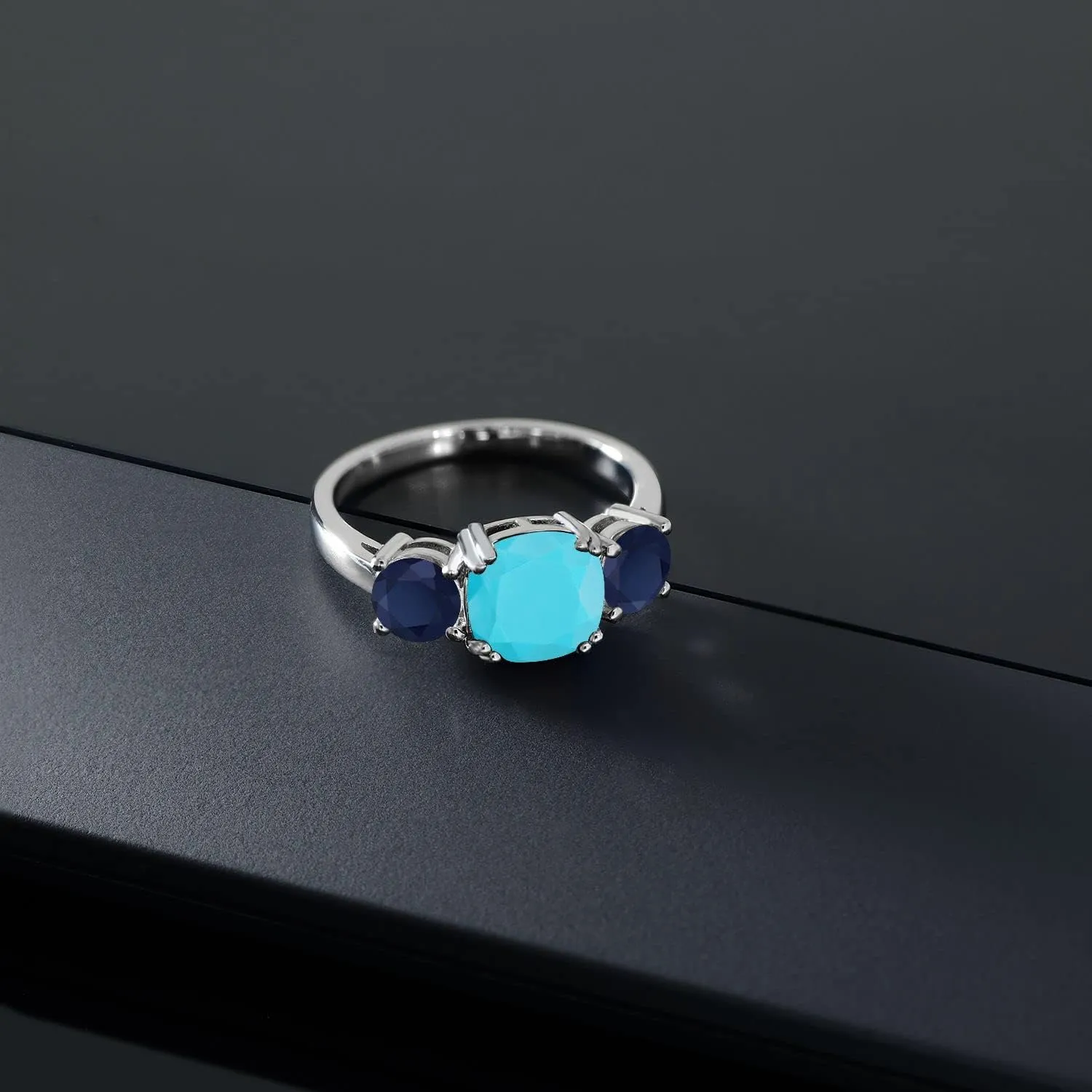 Blue Sapphire 3 Stone Engagement Ring For Women (3.20 Cttw$ Gemstone$ Cushion 8MM$ course fare please Available in Size 5$6$7$8$9) Gem Stone King 925 Sterling Silver Green Turquoise and 