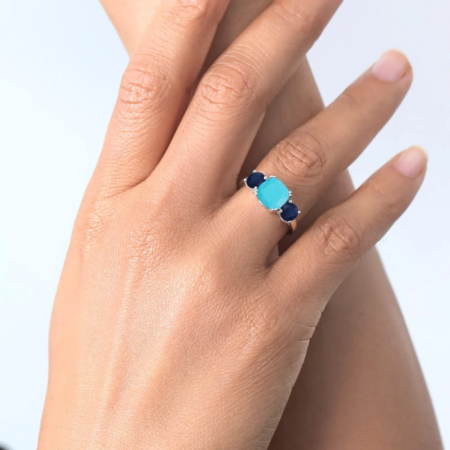 Blue Sapphire 3 Stone Engagement Ring For Women (3.20 Cttw$ Gemstone$ Cushion 8MM$ course fare please Available in Size 5$6$7$8$9) Gem Stone King 925 Sterling Silver Green Turquoise and 
