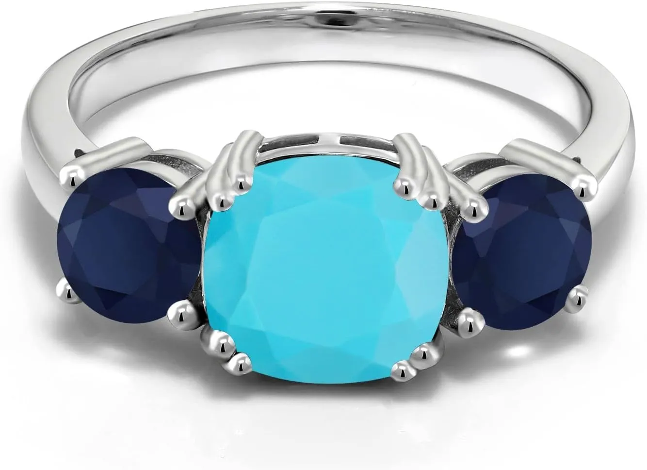 Blue Sapphire 3 Stone Engagement Ring For Women (3.20 Cttw$ Gemstone$ Cushion 8MM$ course fare please Available in Size 5$6$7$8$9) Gem Stone King 925 Sterling Silver Green Turquoise and 