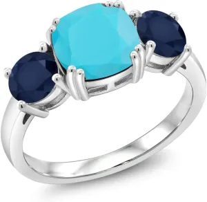 Blue Sapphire 3 Stone Engagement Ring For Women (3.20 Cttw$ Gemstone$ Cushion 8MM$ course fare please Available in Size 5$6$7$8$9) Gem Stone King 925 Sterling Silver Green Turquoise and 