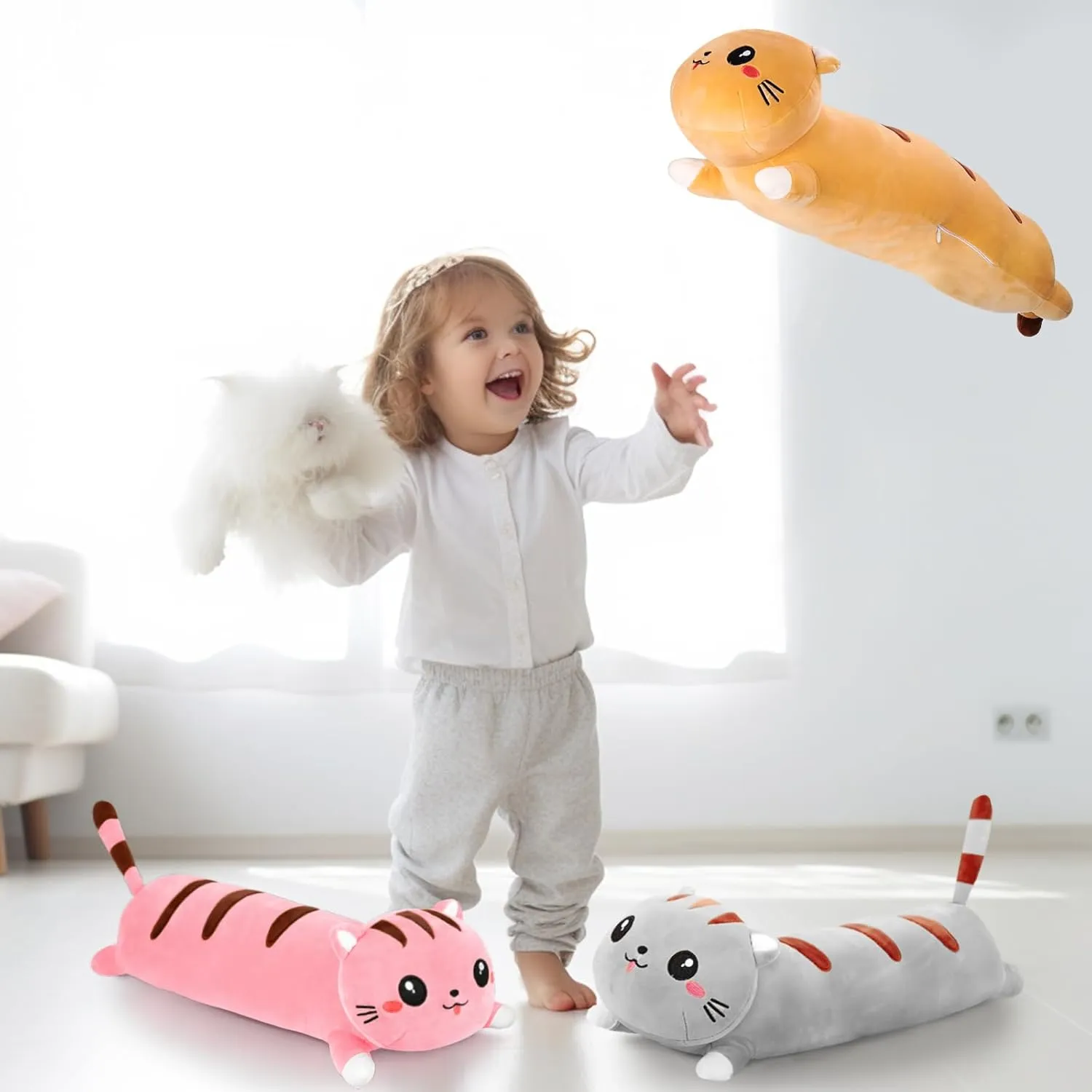 Body Pillows Kawaii Stuffed Animals Plushies Soft Cuddly Cotton Plush Toys Room Decor Gifts for unclear Kids Girls Boys Adults (Pink, 25.9 Inch) AFAN Long Cat Plush Cute Cat 