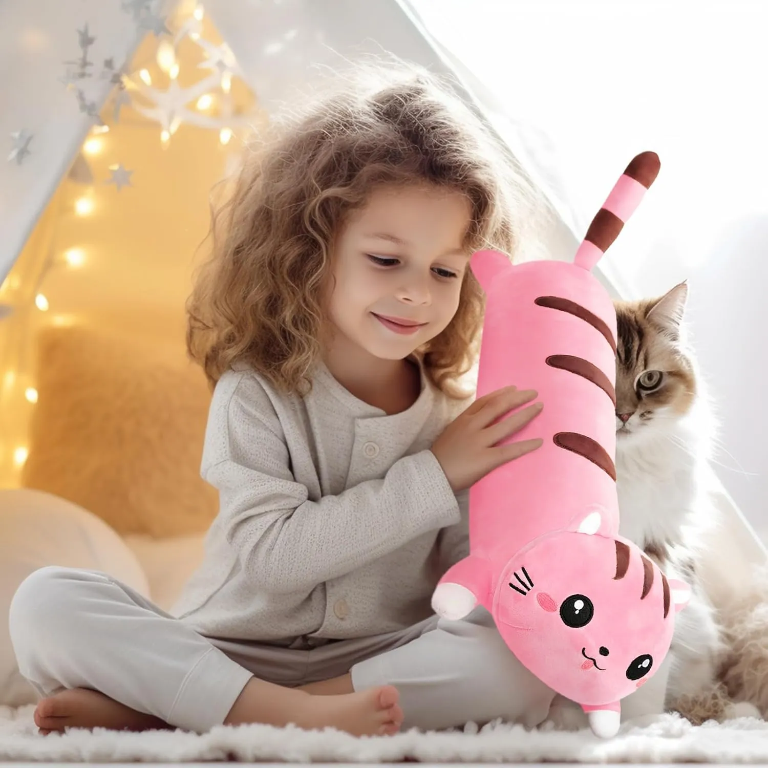 Body Pillows Kawaii Stuffed Animals Plushies Soft Cuddly Cotton Plush Toys Room Decor Gifts for unclear Kids Girls Boys Adults (Pink, 25.9 Inch) AFAN Long Cat Plush Cute Cat 