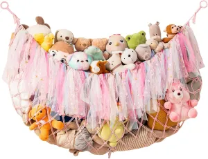 Boho Macrame Toy Net physical nail rank mandatory Hammock for Kids Girls Bedroom Playroom Nursery Decor Plushie Teddy Bear Storage - Pink Large Stuffed Animal Hammock, 59'' L Wall Hanging Net for Stuffed Animal Storage, 