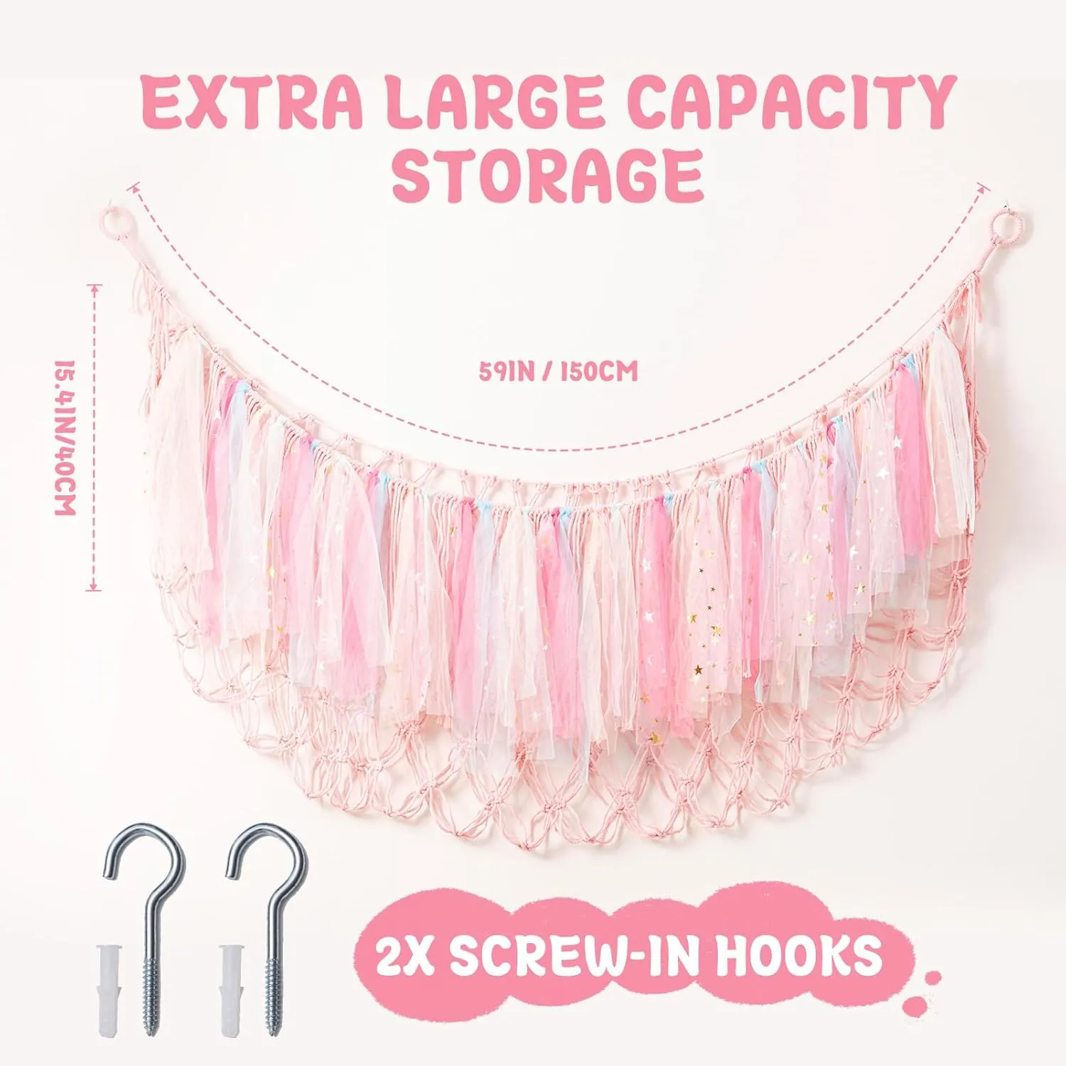 Boho Macrame Toy Net physical nail rank mandatory Hammock for Kids Girls Bedroom Playroom Nursery Decor Plushie Teddy Bear Storage - Pink Large Stuffed Animal Hammock, 59'' L Wall Hanging Net for Stuffed Animal Storage, 