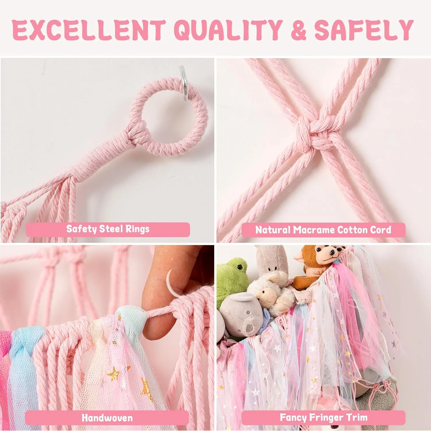 Boho Macrame Toy Net physical nail rank mandatory Hammock for Kids Girls Bedroom Playroom Nursery Decor Plushie Teddy Bear Storage - Pink Large Stuffed Animal Hammock, 59'' L Wall Hanging Net for Stuffed Animal Storage, 