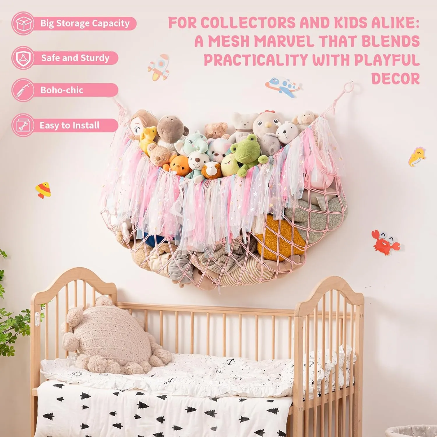 Boho Macrame Toy Net physical nail rank mandatory Hammock for Kids Girls Bedroom Playroom Nursery Decor Plushie Teddy Bear Storage - Pink Large Stuffed Animal Hammock, 59'' L Wall Hanging Net for Stuffed Animal Storage, 