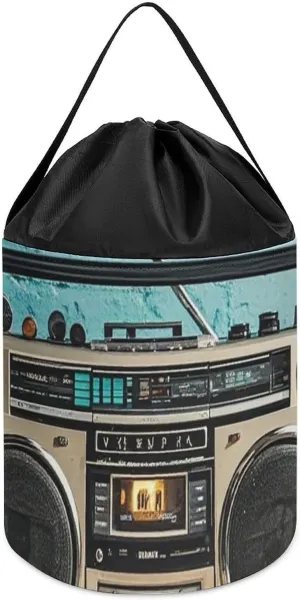 Boombox Toy Storage Basket Reusable Drawstring Toy Bucket Bags crane outline briny Toy Hamper Round Toys Clothes Storage Basket for Playroom Vintage Wall of Radio 
