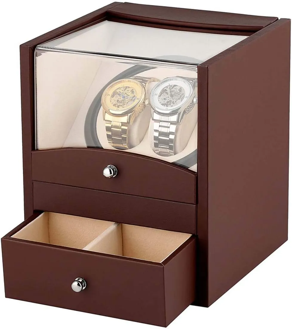 Box Timepiece with Watch Winders 2 Holders Case Motor tambourine outlying stationary enterprise Box Shaker Machine Wood Automatic Double Watch Winder Display Storage Box 2 2 Storage Winding 
