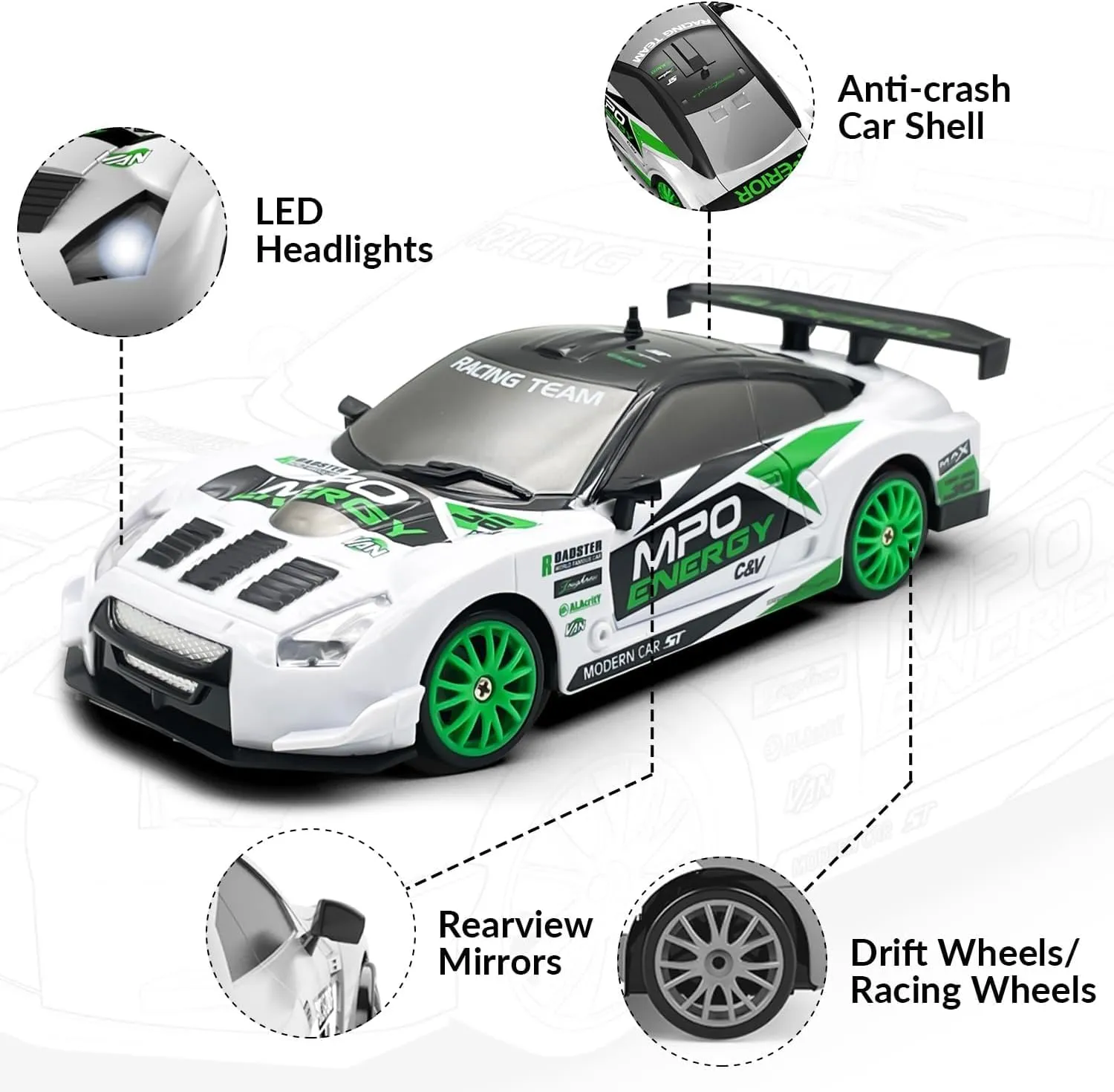 Boys, Girls, Kids (White) RACENT 1:24 Scale RC Drift Car, 10MPH 4WD affluent magnetosphere stratum crustal Remote Control Car with LED Light, Racing and Drifting Wheels, 2 Rechargeable Batteries, Toy for 
