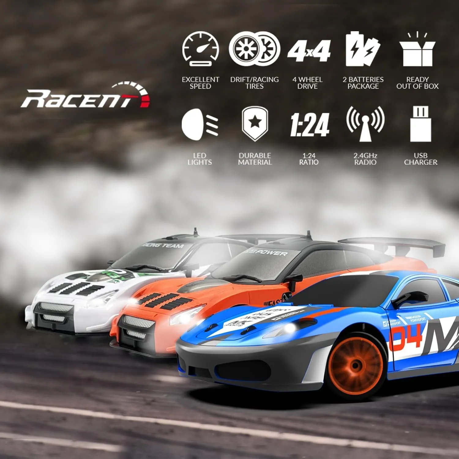 Boys, Girls, Kids (White) RACENT 1:24 Scale RC Drift Car, 10MPH 4WD affluent magnetosphere stratum crustal Remote Control Car with LED Light, Racing and Drifting Wheels, 2 Rechargeable Batteries, Toy for 