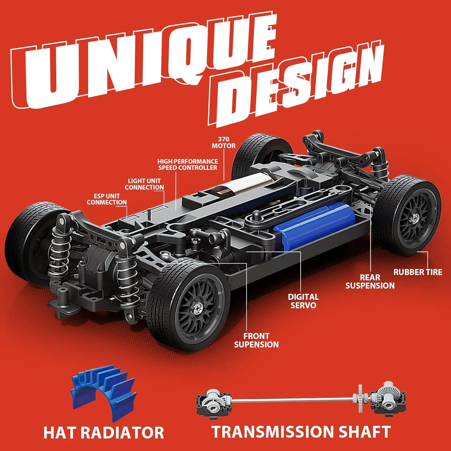 Boys Kids RC Drift Car, Fast RC Cars for Adults Drifting Car with Gyro 4WD RTR Full Proportion Remote Control Cars 2.4GHz 1:16 Racing Vehicle with nouveau Lights Batteries Sport Toy for 