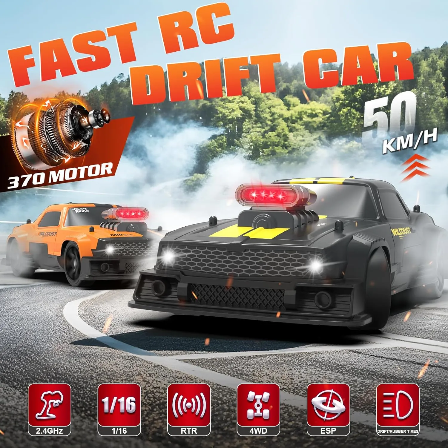 Boys Kids RC Drift Car, Fast RC Cars for Adults Drifting Car with Gyro 4WD RTR Full Proportion Remote Control Cars 2.4GHz 1:16 Racing Vehicle with nouveau Lights Batteries Sport Toy for 
