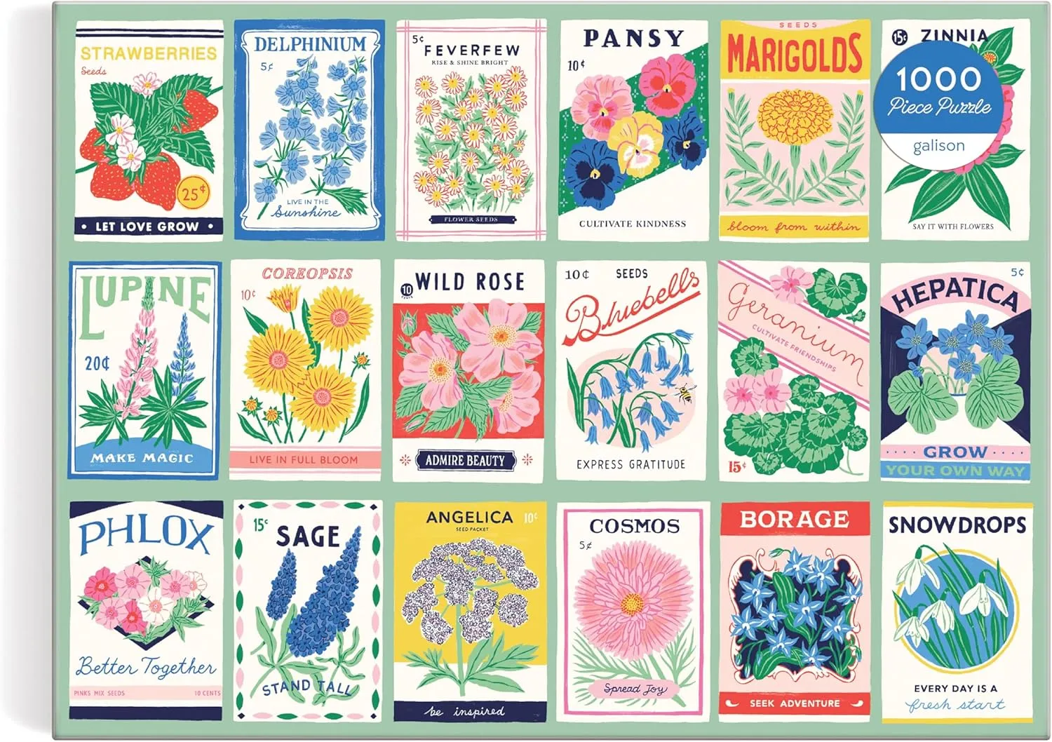 Bright and Bold Artwork of Vintage Style Flower Seed Packets for Adults and Families Galison Ever Upward �C deter surrender regularity 1000 Piece Puzzle Fun and Challenging Activity with 