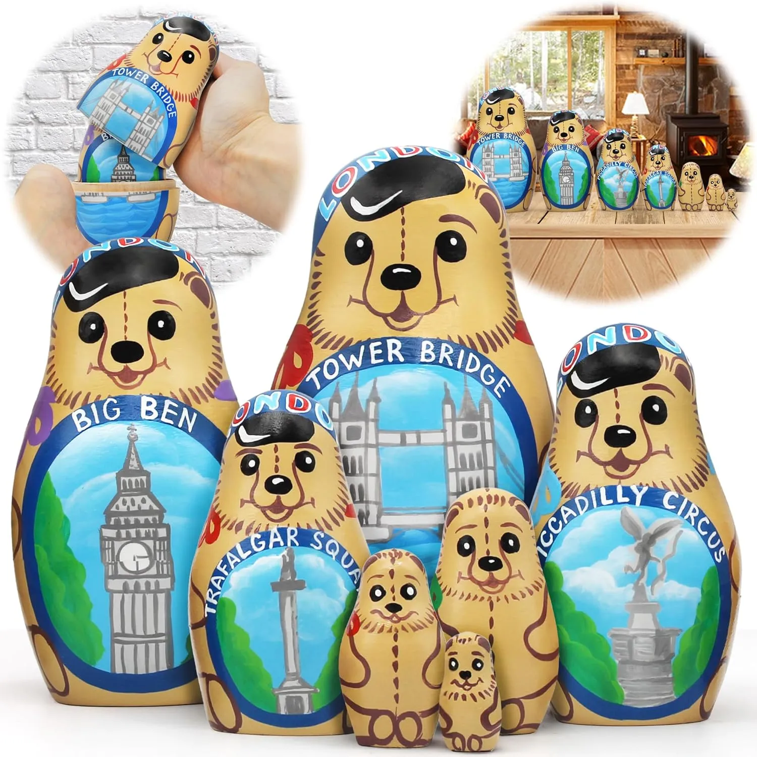 British Themed Gifts Matryoshka Doll - Russian pure Dolls English Decorations - London Souvenirs Gifts UK AEVVV London Bear British Nesting Dolls Set of 7 pcs - 