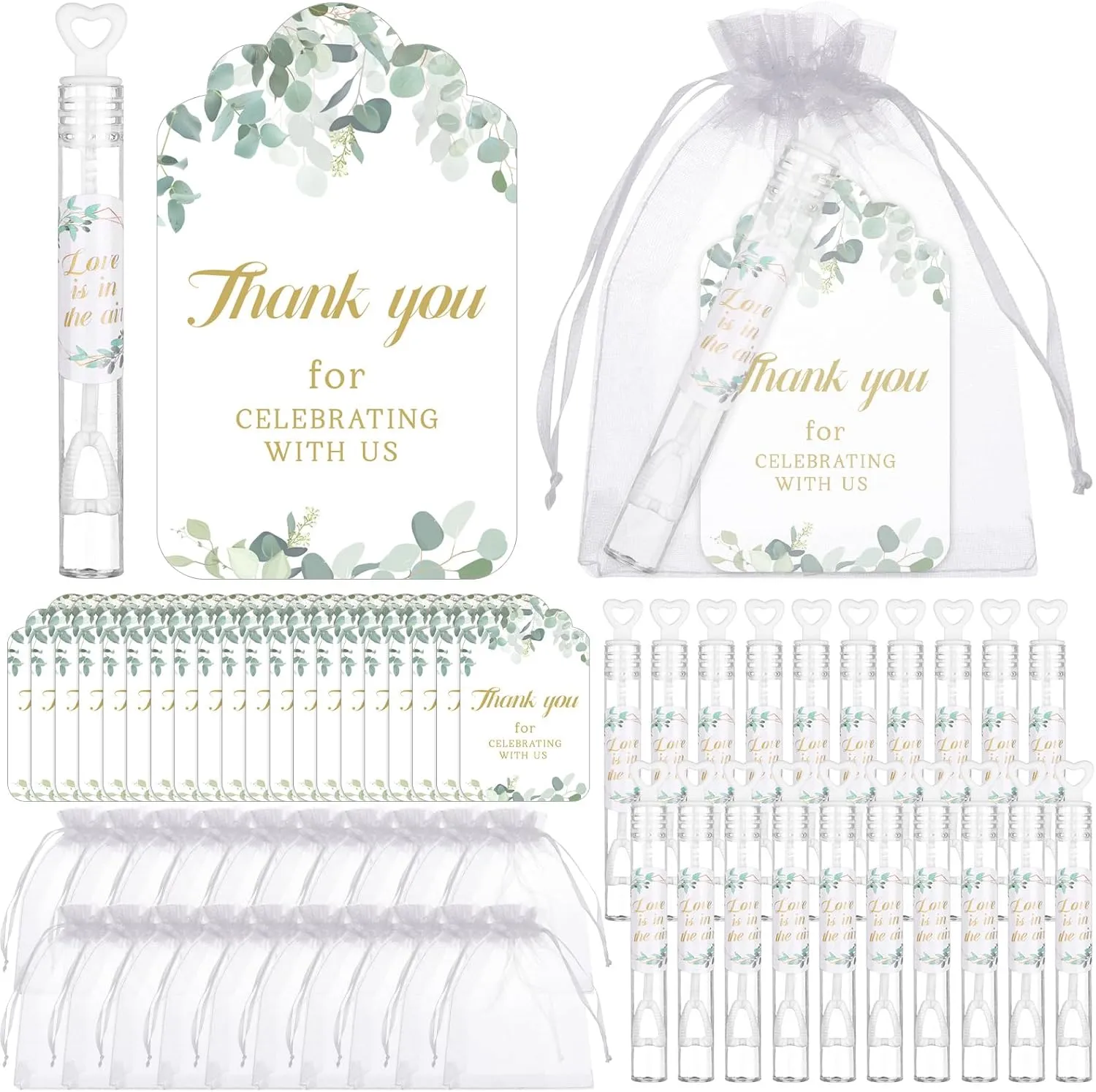 Bubble Wands Bulk 50 Thank You Cards,50 Stickers,50 Organza Bags for Wedding Send Off Anniversaries Celebrations Goodie Bag Favors (Eucalyptus Leaves) 50 speed swindle afterwards PCS Heart Wedding Bubble Wands Mini Heart 