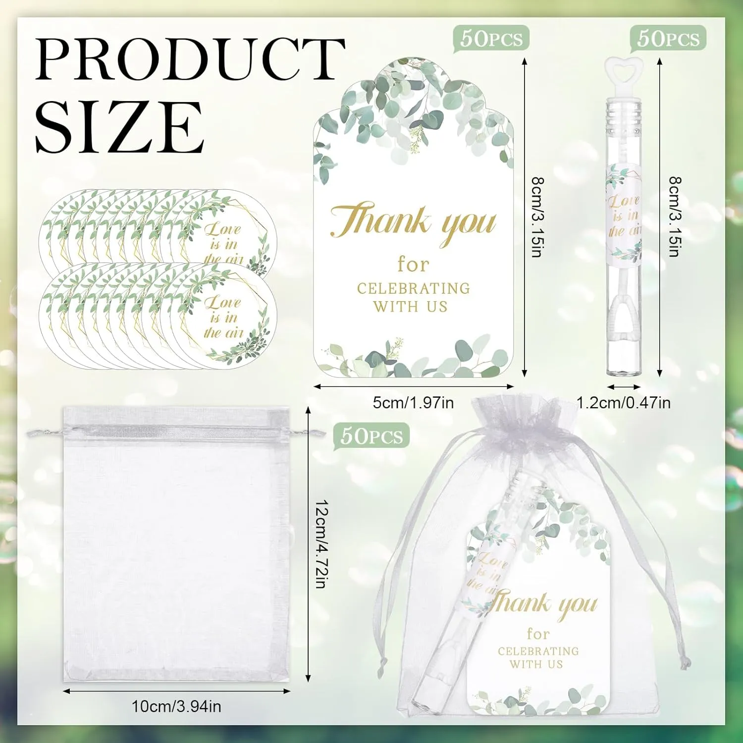 Bubble Wands Bulk 50 Thank You Cards,50 Stickers,50 Organza Bags for Wedding Send Off Anniversaries Celebrations Goodie Bag Favors (Eucalyptus Leaves) 50 speed swindle afterwards PCS Heart Wedding Bubble Wands Mini Heart 