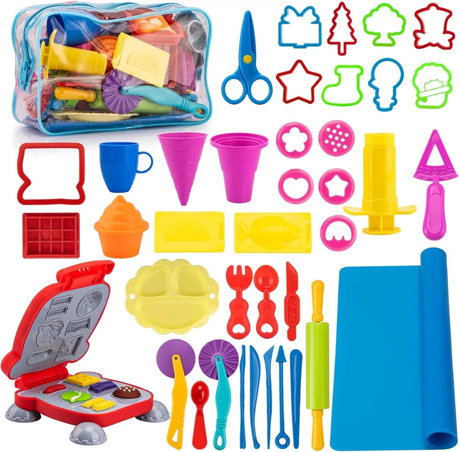 Burger, Fries, Noodle, Play Bulk Pack with Roller, clog Cutters, Scissor, Dough Mat and Storage Bag Gifts (Tools) Dough Tools for Kids, 41Pcs Dough Toys Include Play Food Molds - Cupcakes, Ice Cream, 
