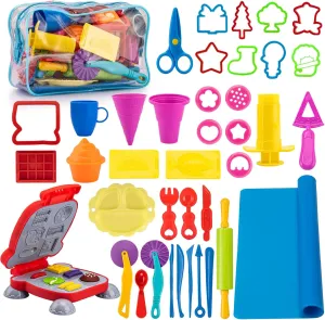 Burger, Fries, Noodle, Play Bulk Pack with Roller, clog Cutters, Scissor, Dough Mat and Storage Bag Gifts (Tools) Dough Tools for Kids, 41Pcs Dough Toys Include Play Food Molds - Cupcakes, Ice Cream, 
