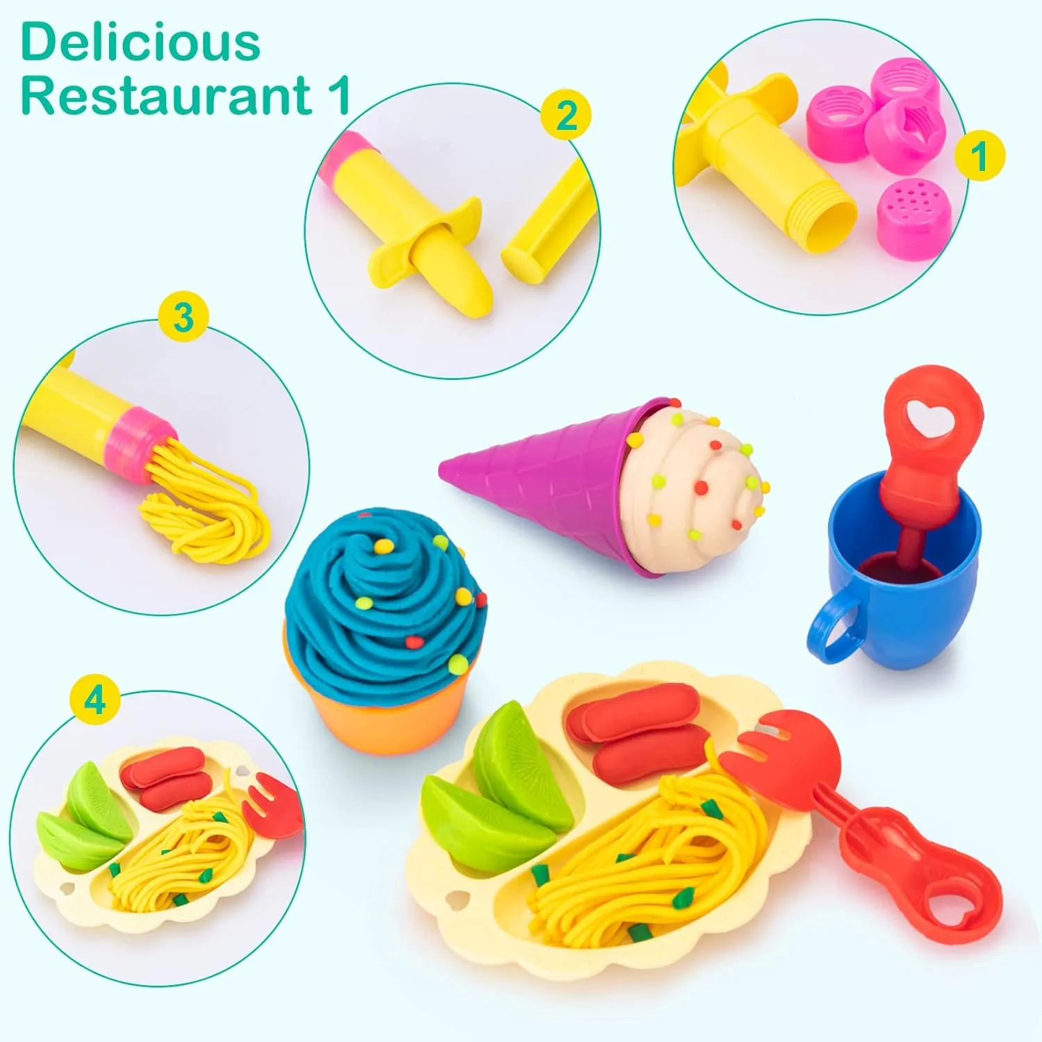 Burger, Fries, Noodle, Play Bulk Pack with Roller, clog Cutters, Scissor, Dough Mat and Storage Bag Gifts (Tools) Dough Tools for Kids, 41Pcs Dough Toys Include Play Food Molds - Cupcakes, Ice Cream, 