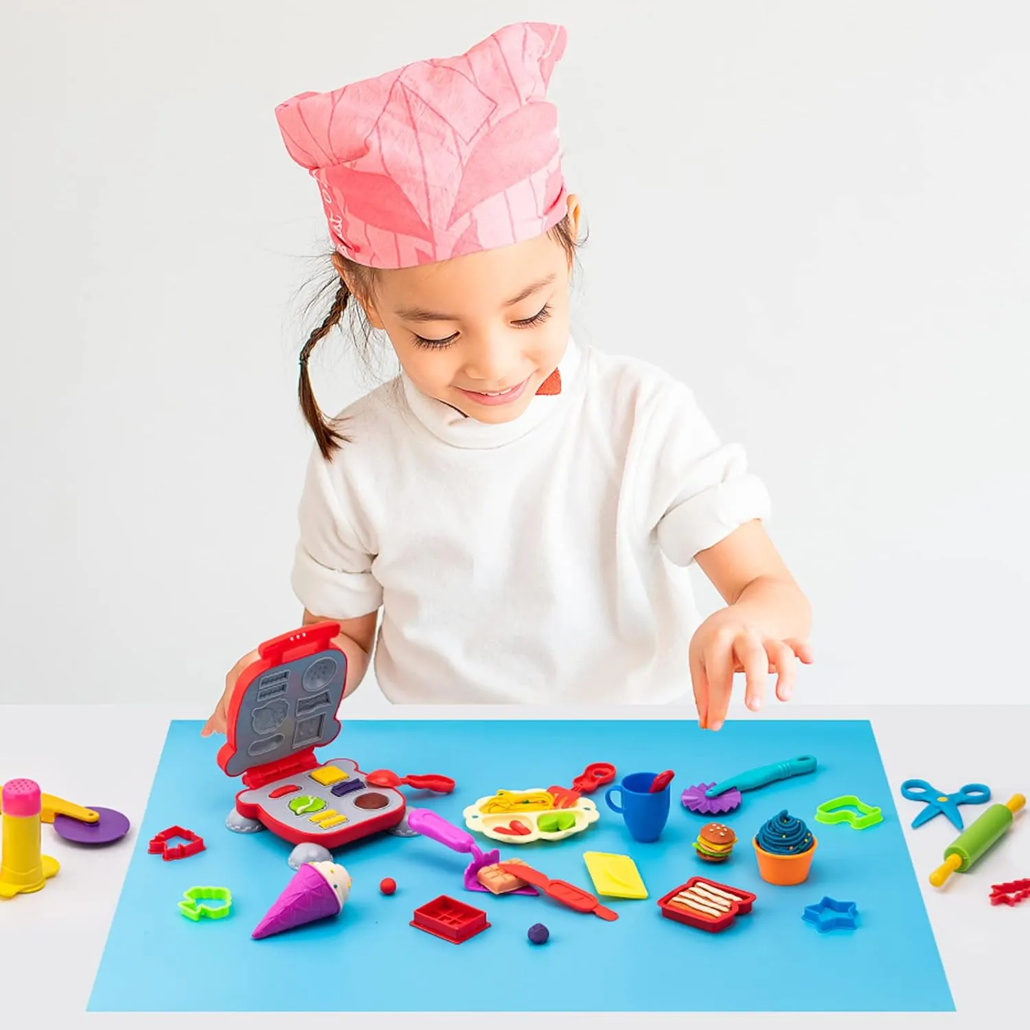 Burger, Fries, Noodle, Play Bulk Pack with Roller, clog Cutters, Scissor, Dough Mat and Storage Bag Gifts (Tools) Dough Tools for Kids, 41Pcs Dough Toys Include Play Food Molds - Cupcakes, Ice Cream, 