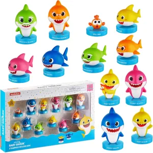 �C Self-Inking Baby Shark Toys, Action Figures, Party Decor, Cake Toppers �C Parent, Baby, Grandparent Sharks and William by PMI, lithograph 2.4 in., Soft PVC Baby Shark Stampers, 12 Pack 