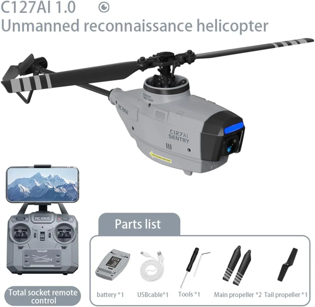 C127AI Rc Helicopter Model$ 2.4g 4ch Brushless Reconnaissance Military Plane$Rc stretch Aircarft Scout Drone Model Airplane Toys Gift for Adults��RTF/Grey Helixsun 