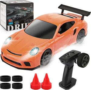 Car with Gyroscope - Micro Small with Full Proportional RTR 2.4GHz Remote 2 Tire Sets 8 Cones, High Speed Desk with LED Lights - Orange 1/43 Scale California Mini RC Drift 