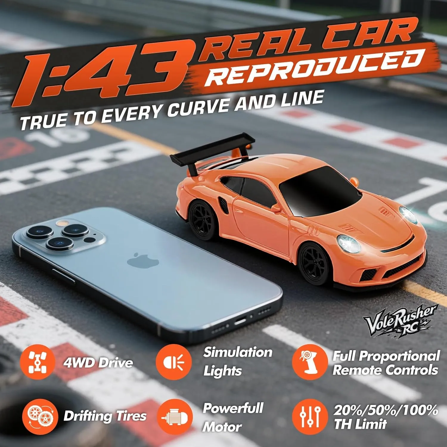 Car with Gyroscope - Micro Small with Full Proportional RTR 2.4GHz Remote 2 Tire Sets 8 Cones, High Speed Desk with LED Lights - Orange 1/43 Scale California Mini RC Drift 