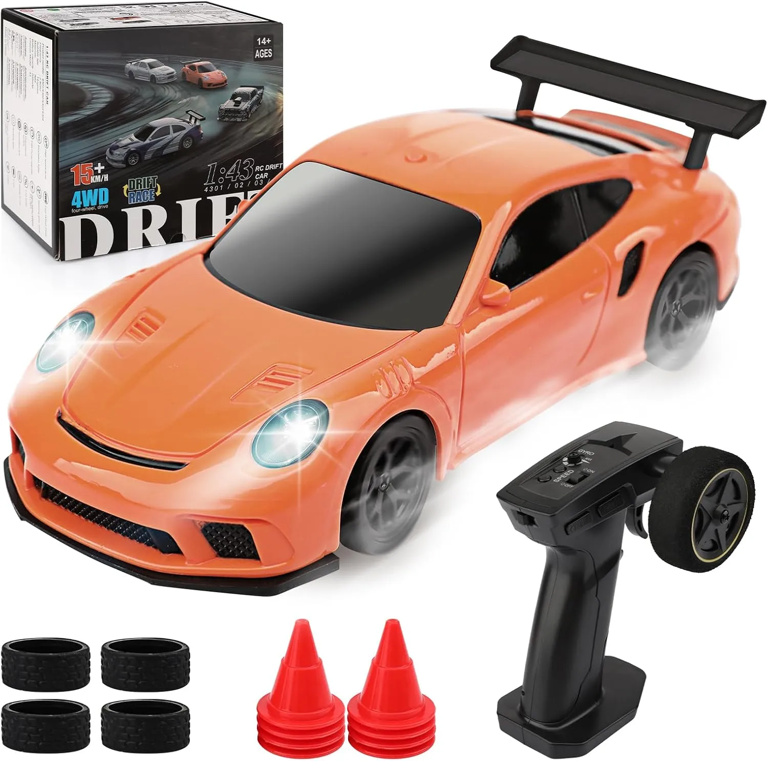Car with Gyroscope - Micro Small with Full Proportional RTR 2.4GHz Remote 2 Tire Sets 8 Cones, High Speed Desk with LED Lights - Orange 1/43 Scale California Mini RC Drift 