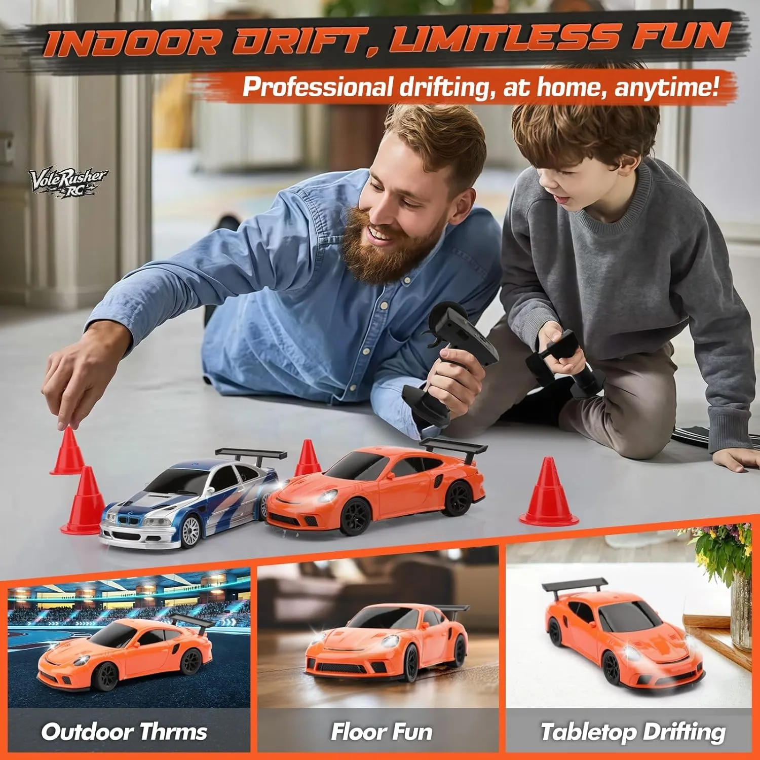 Car with Gyroscope - Micro Small with Full Proportional RTR 2.4GHz Remote 2 Tire Sets 8 Cones, High Speed Desk with LED Lights - Orange 1/43 Scale California Mini RC Drift 