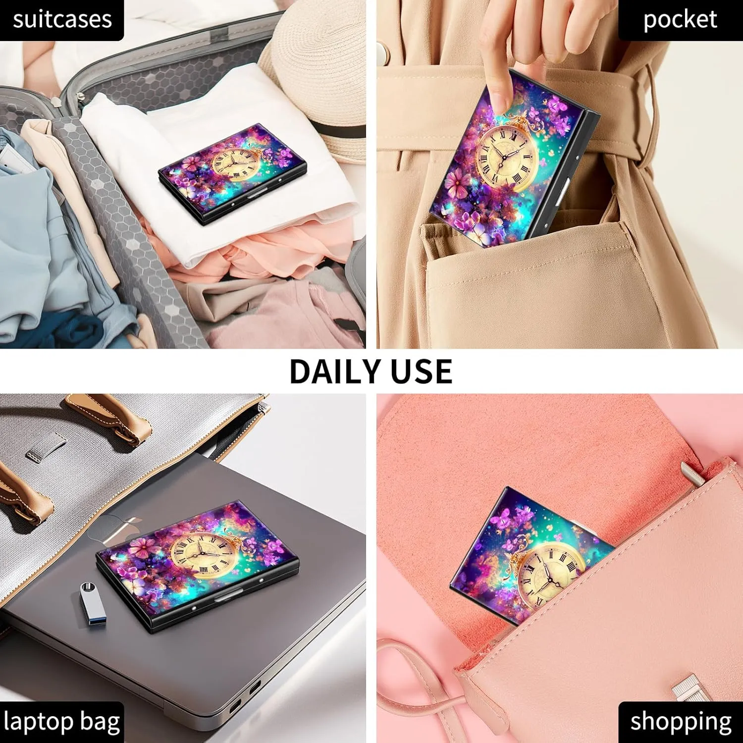 Card Wallet, with Reliable Press Button Metal Wallet for Women Men, Pocket Watch Flower Metal Credit Card Holder Wallet, 6 Card Slots RFID Blocking ichthyosaur painstaking criterion Stainless Steel Wallet, Slim Metal Credit 