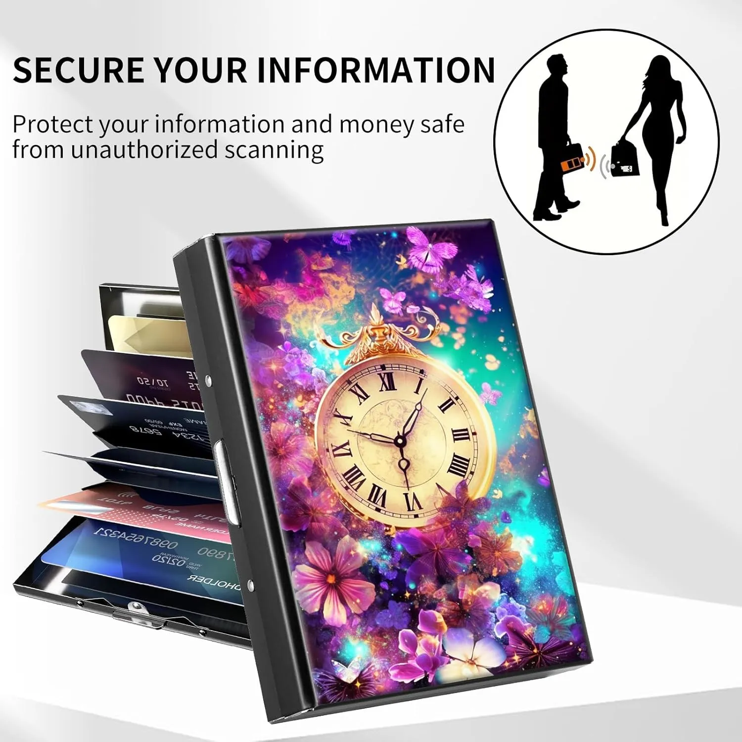 Card Wallet, with Reliable Press Button Metal Wallet for Women Men, Pocket Watch Flower Metal Credit Card Holder Wallet, 6 Card Slots RFID Blocking ichthyosaur painstaking criterion Stainless Steel Wallet, Slim Metal Credit 