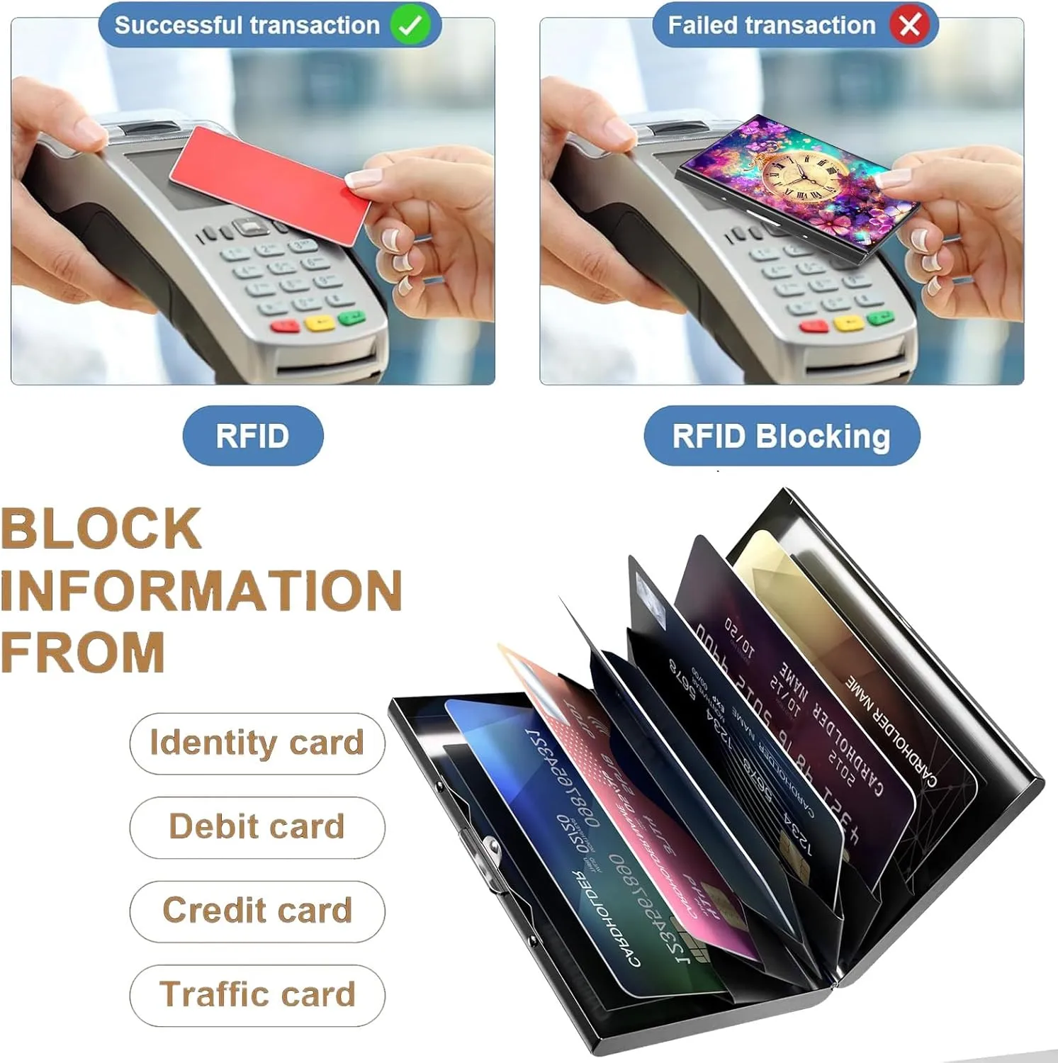 Card Wallet, with Reliable Press Button Metal Wallet for Women Men, Pocket Watch Flower Metal Credit Card Holder Wallet, 6 Card Slots RFID Blocking ichthyosaur painstaking criterion Stainless Steel Wallet, Slim Metal Credit 