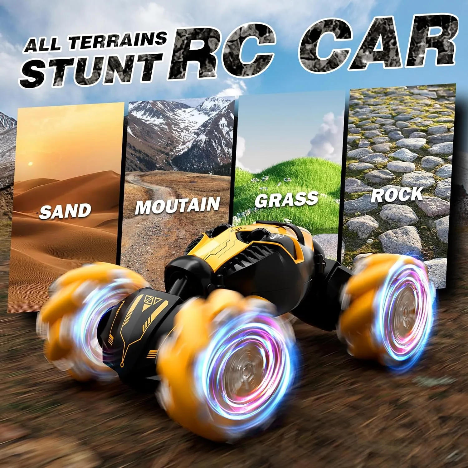 Cars Toys Birthday Gifts for Kids Girls Yellow Remote Control Car for Boys 8-12, 4WD Gesture Sensing harvester RC Stunt Car 2.4Ghz with Lights Music Sprayer RC Cars for Boys Age 4-7 8-12 Hand-Controlled 