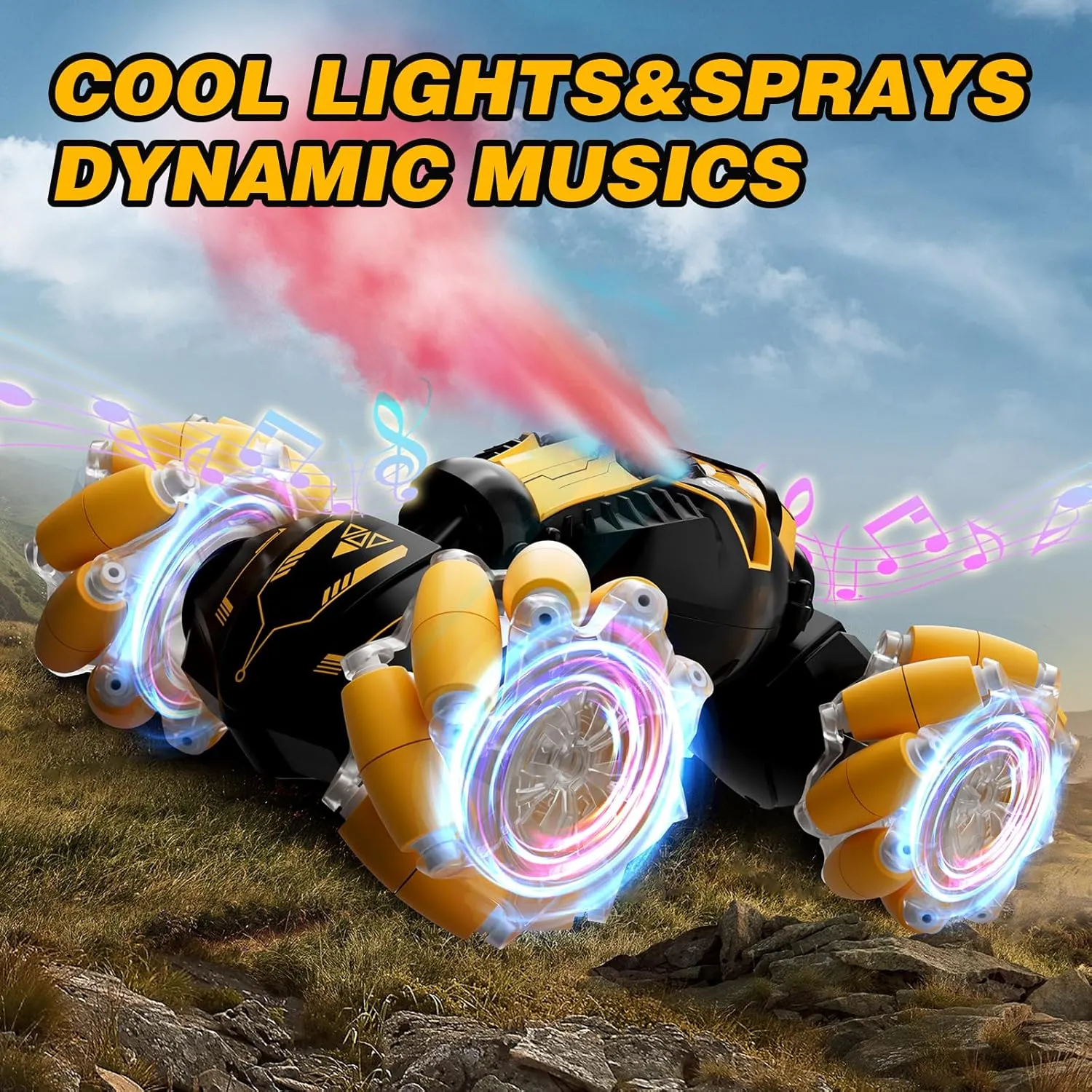 Cars Toys Birthday Gifts for Kids Girls Yellow Remote Control Car for Boys 8-12, 4WD Gesture Sensing harvester RC Stunt Car 2.4Ghz with Lights Music Sprayer RC Cars for Boys Age 4-7 8-12 Hand-Controlled 