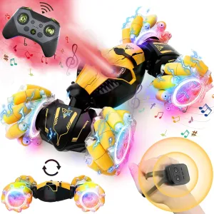 Cars Toys Birthday Gifts for Kids Girls Yellow Remote Control Car for Boys 8-12, 4WD Gesture Sensing harvester RC Stunt Car 2.4Ghz with Lights Music Sprayer RC Cars for Boys Age 4-7 8-12 Hand-Controlled 