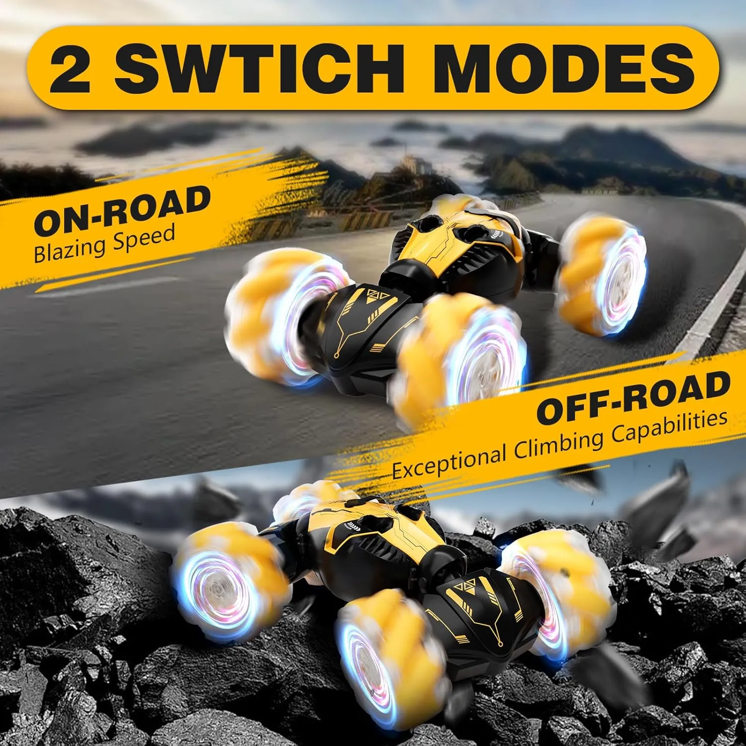 Cars Toys Birthday Gifts for Kids Girls Yellow Remote Control Car for Boys 8-12, 4WD Gesture Sensing harvester RC Stunt Car 2.4Ghz with Lights Music Sprayer RC Cars for Boys Age 4-7 8-12 Hand-Controlled 