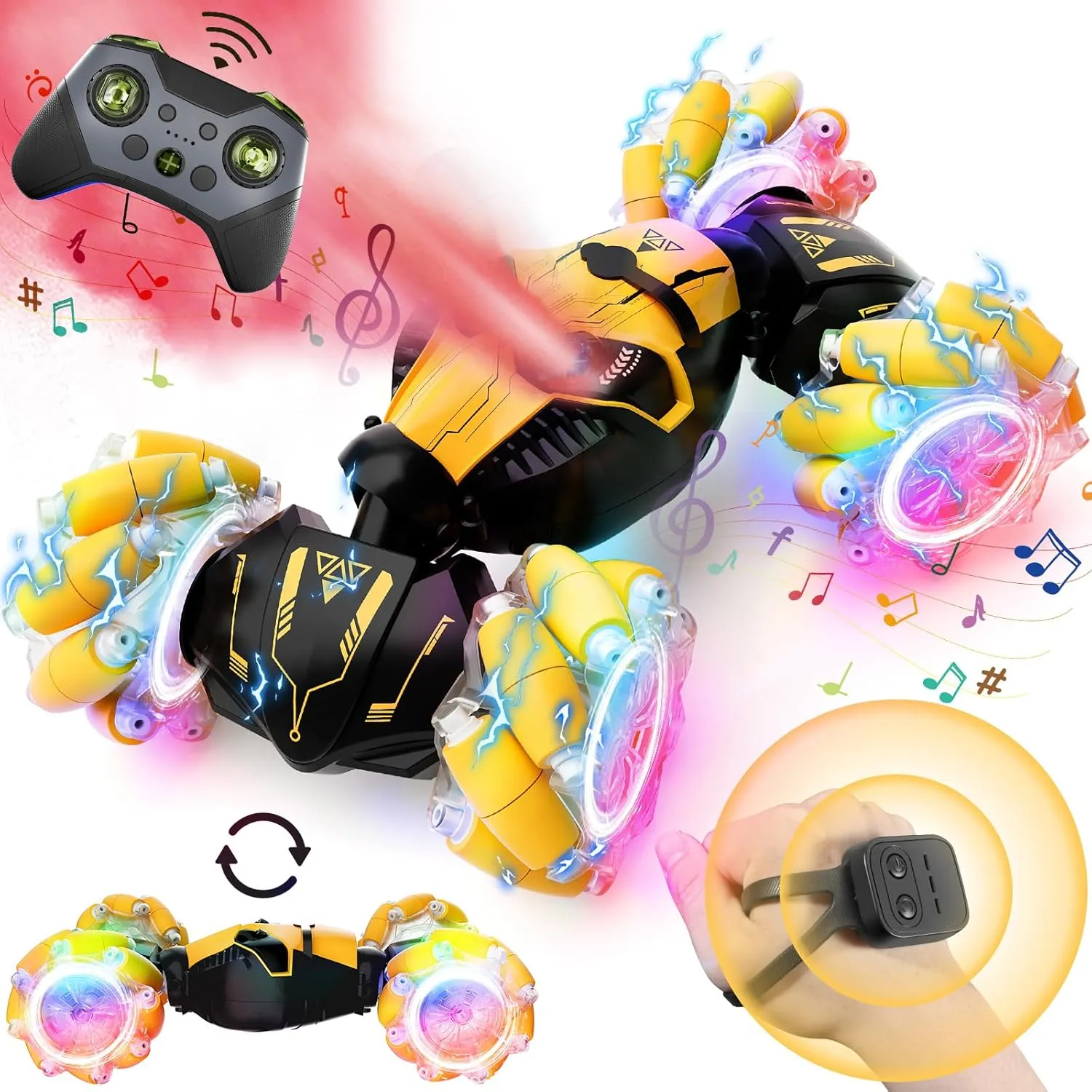 Cars Toys Birthday Gifts for Kids Girls Yellow Remote Control Car for Boys 8-12, 4WD Gesture Sensing harvester RC Stunt Car 2.4Ghz with Lights Music Sprayer RC Cars for Boys Age 4-7 8-12 Hand-Controlled 