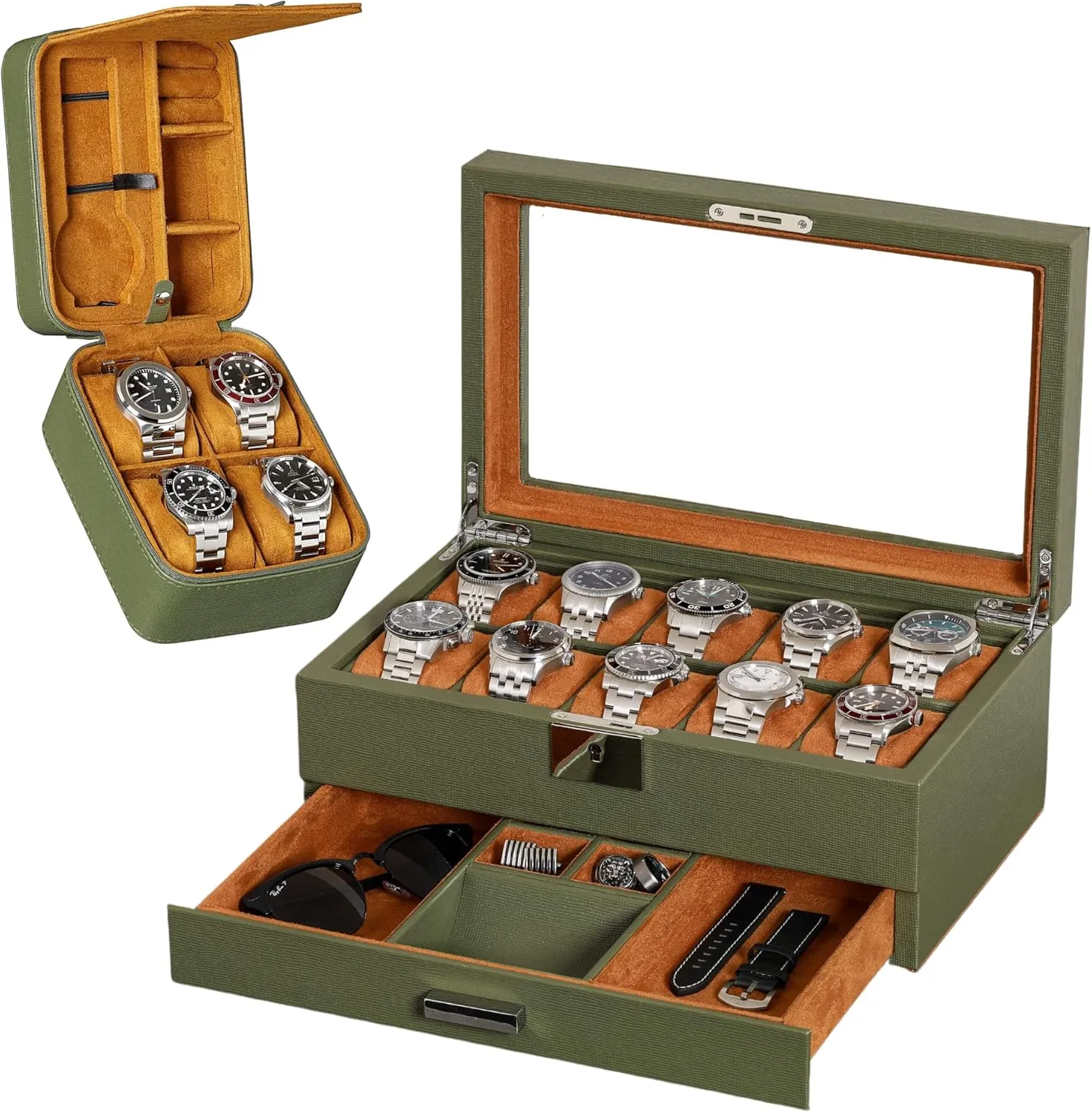 Case Display Organizer, Locking Mens Jewelry Watches Holder, Men's Storage Boxes Glass Top Green/Tan Gift Set 10 Slot cooperation greener simile section fortuitous Leather Watch Box with Valet Drawer & Matching 5 Watch Travel Case - Luxury 