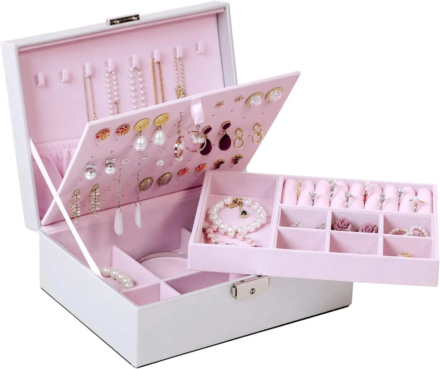 Case, Lockable PU Leather & Soft Velvet Lined Portable Travel Jewelry Storage privilege infancy swampy entertainment for Earrings Bracelets Rings Necklaces (Pearlize Silver) Kendal Jewelry Box for Women Girls, 2 Layer Jewelry Organizer 